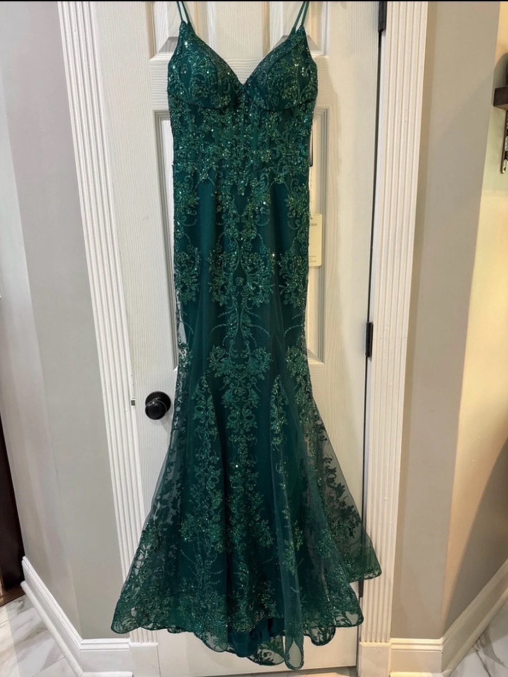 Emerald Green Beaded Prom Gown with Spaghetti Straps